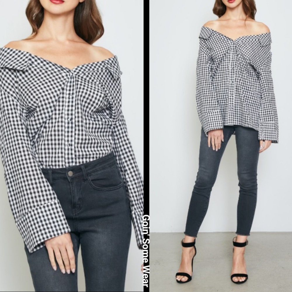 Off The Shoulder Gingham  Women's Button Down Long Sleeve Top - Picture 3 of 8